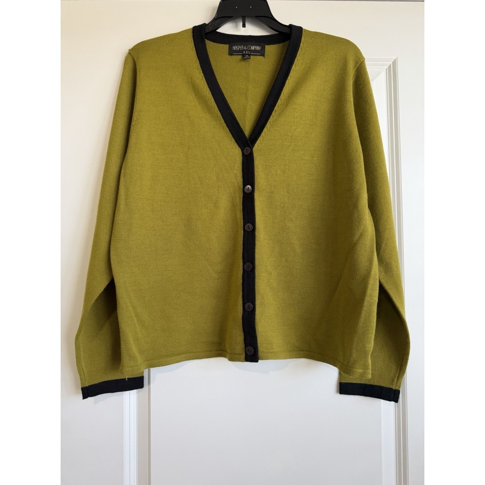 Kasper & Company Women's Green V-neck Cardigan Sweater with Black Trim Size M